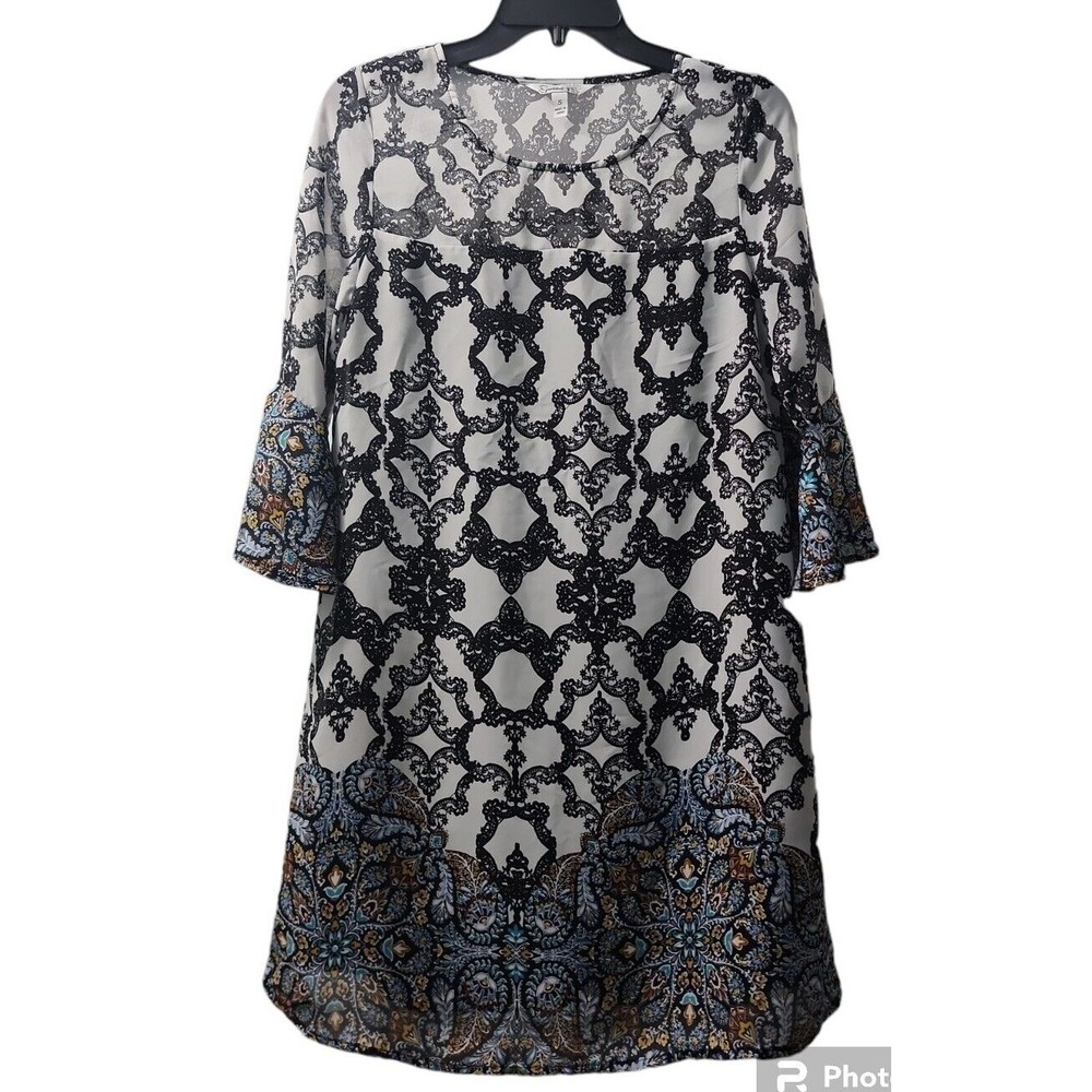Speechless Dress Shift Bell Sleeve Party Cocktail Black White Pattern S